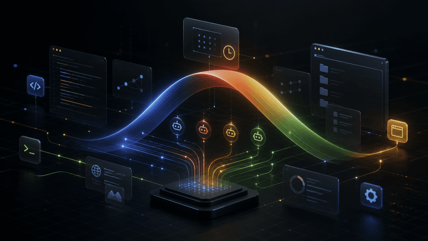 Abstract visual of multiple AI agents being orchestrated through a central desktop workspace.
