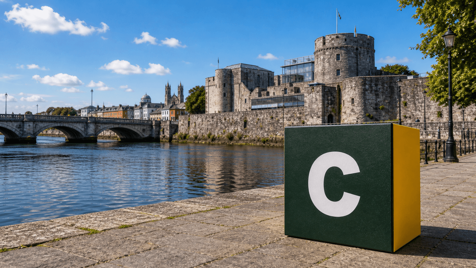 AI training in Athlone by Coaley Peak AI training in Athlone with a realistic Coaley Peak branded 3D cube at Athlone Castle and the River Shannon