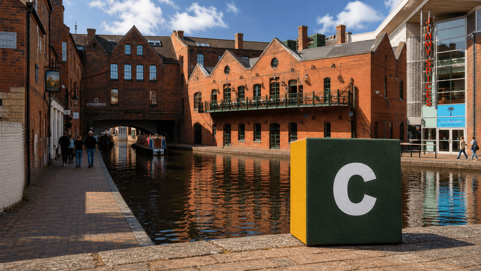 AI training in Birmingham by Coaley Peak AI training in Birmingham with a realistic Coaley Peak branded 3D cube at Birmingham canal district
