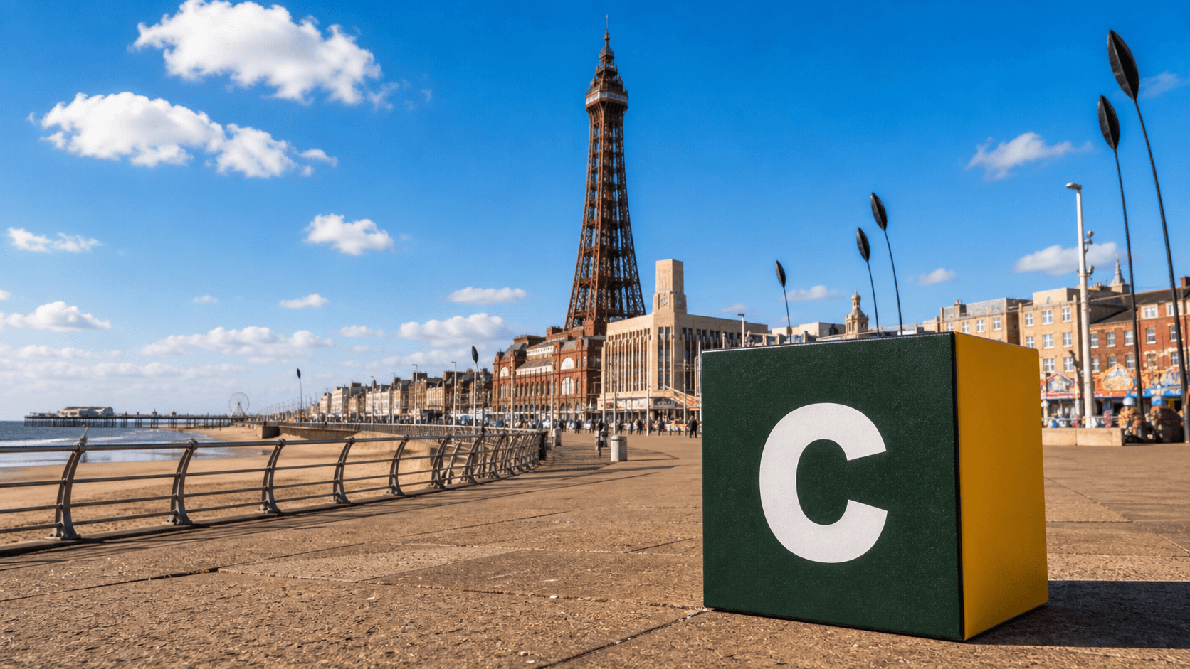 AI training in Blackpool by Coaley Peak AI training in Blackpool with a realistic Coaley Peak branded 3D cube at Blackpool Tower and the promenade