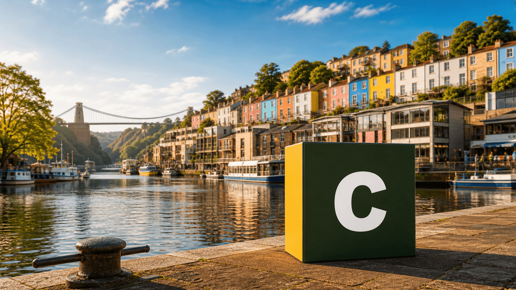 AI training in Bristol by Coaley Peak AI training in Bristol with a Coaley Peak branded 3D cube beside Bristol harbourside and Clifton Suspension Bridge