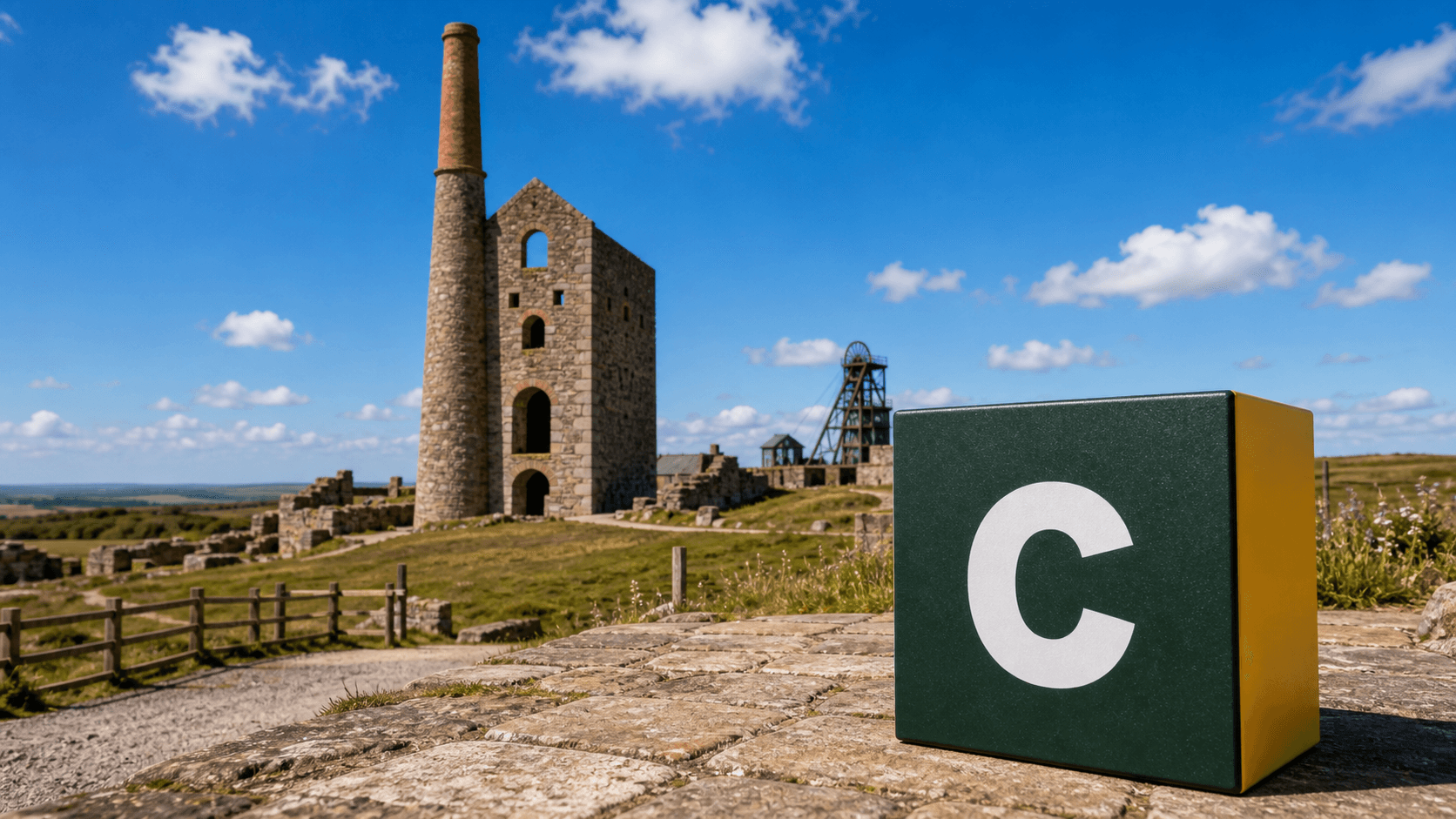 AI training in Camborne by Coaley Peak AI training in Camborne with a realistic Coaley Peak branded 3D cube at Camborne mining heritage engine house