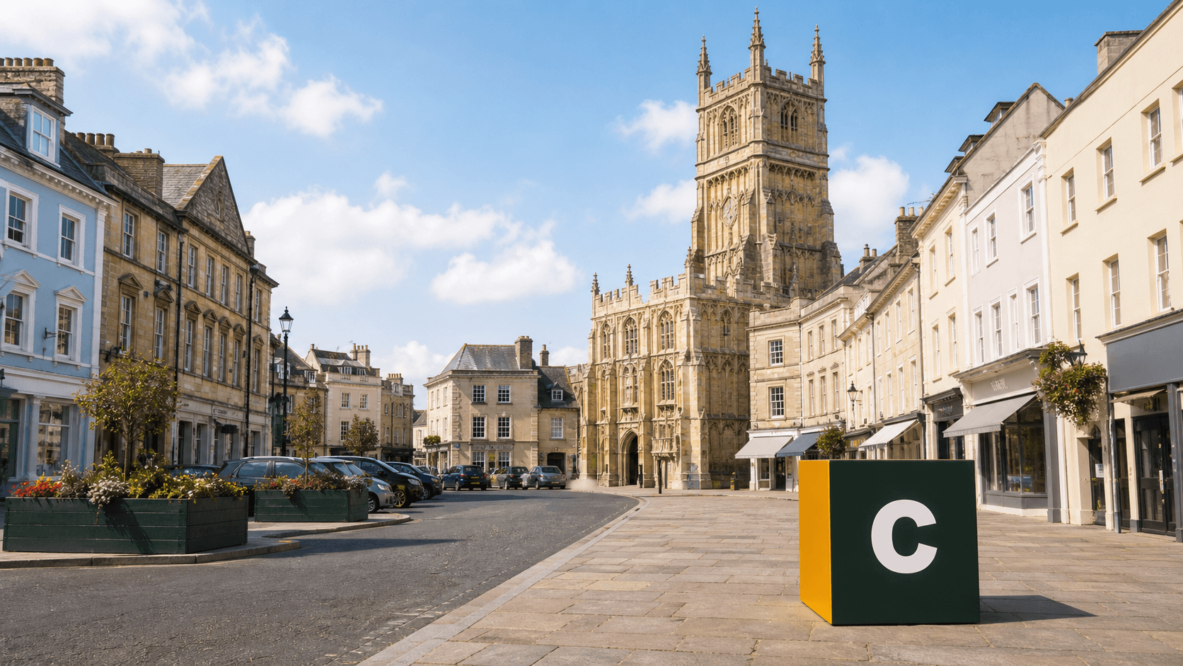 AI training in Cirencester by Coaley Peak AI training in Cirencester with a realistic Coaley Peak branded 3D cube at Cirencester Market Place