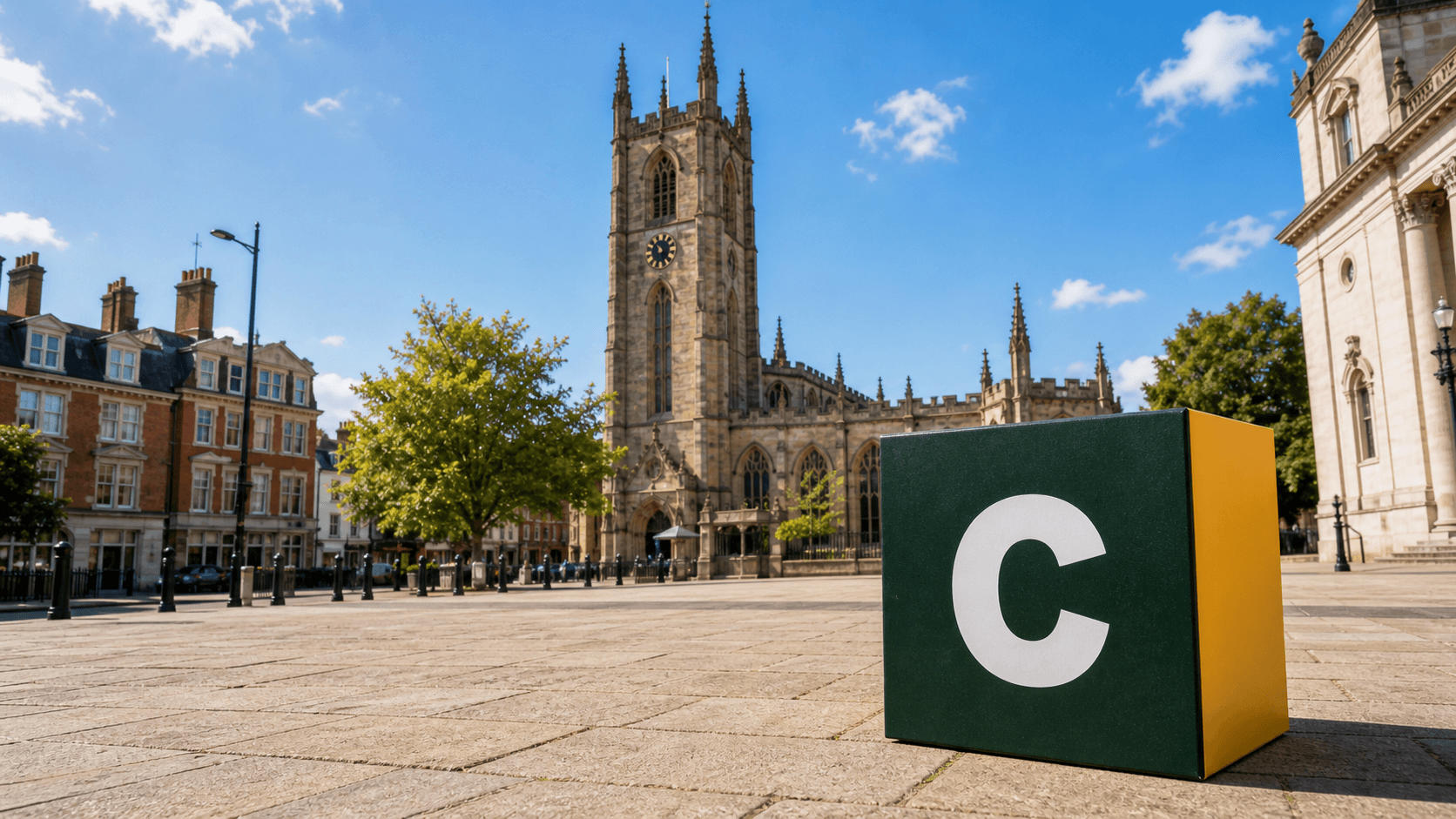 AI training in Derby by Coaley Peak AI training in Derby with a realistic Coaley Peak branded 3D cube at Derby Cathedral Quarter