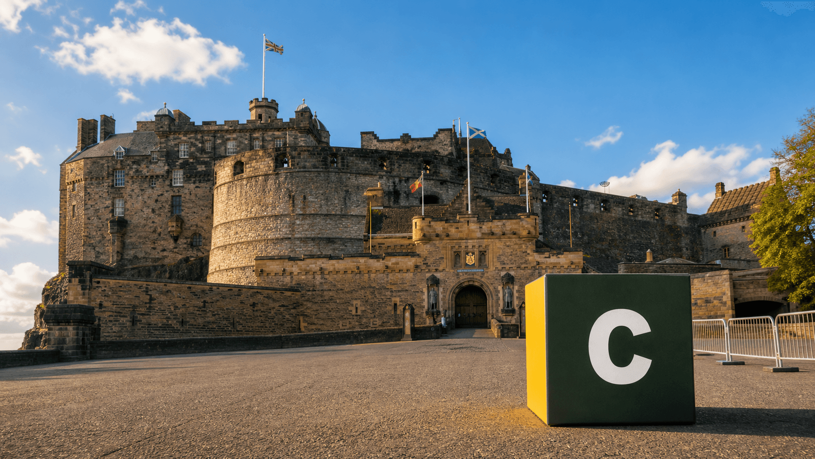 AI training in Edinburgh by Coaley Peak AI training in Edinburgh with a realistic Coaley Peak branded 3D cube at Edinburgh Castle