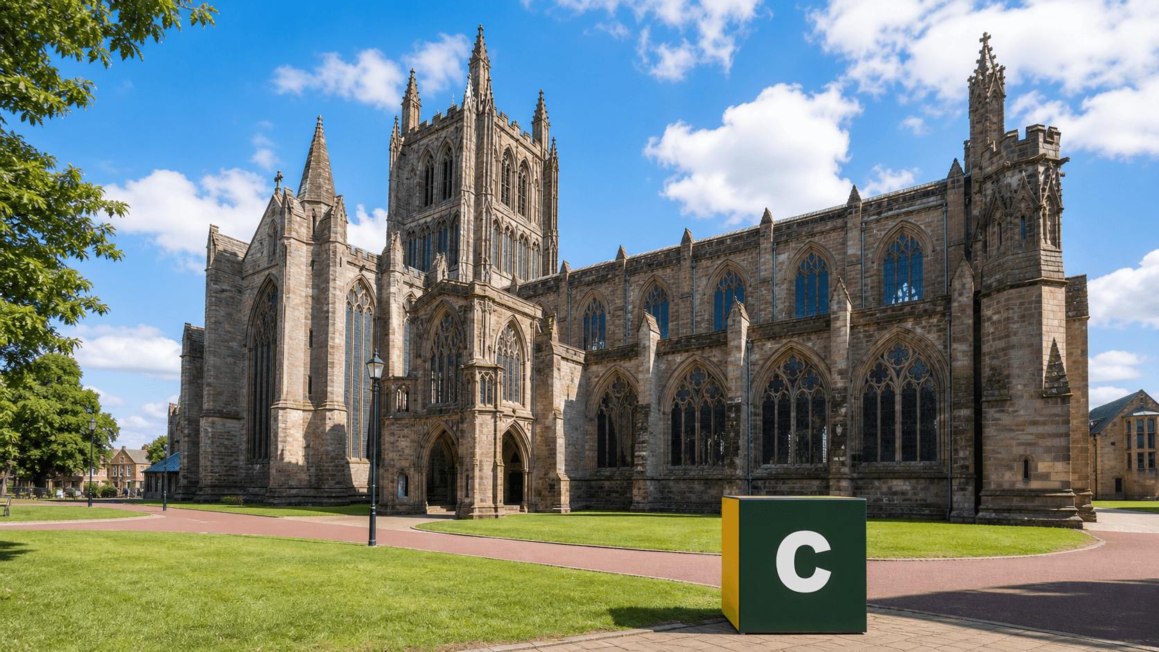 AI training in Hereford by Coaley Peak AI training in Hereford with a realistic Coaley Peak branded 3D cube at Hereford Cathedral