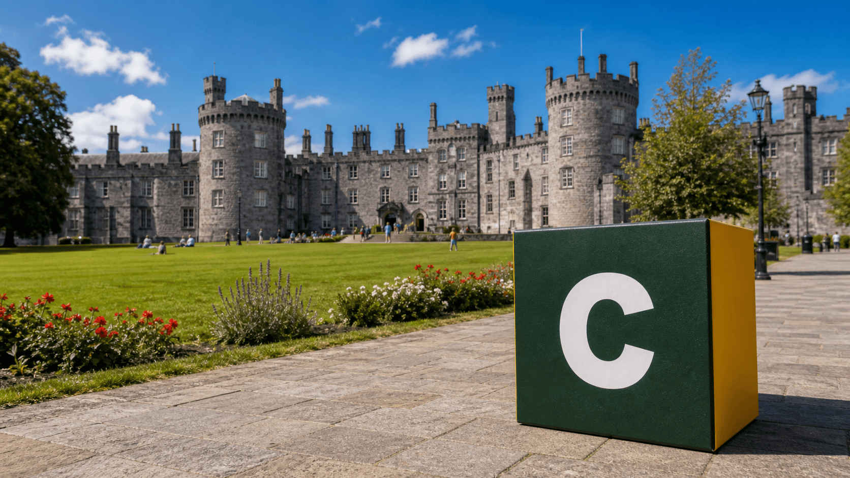 AI training in Kilkenny by Coaley Peak AI training in Kilkenny with a realistic Coaley Peak branded 3D cube at Kilkenny Castle