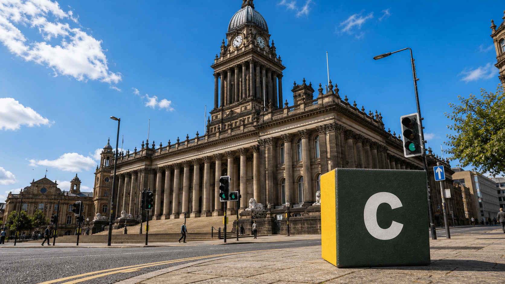 AI training in Leeds by Coaley Peak AI training in Leeds with a realistic Coaley Peak branded 3D cube at Leeds Town Hall