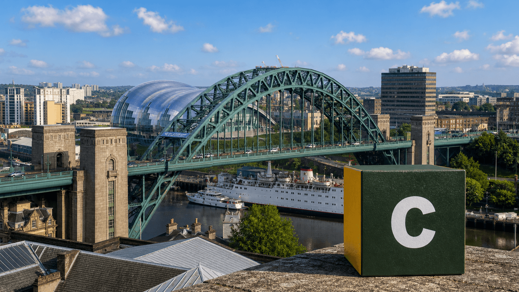 AI training in Newcastle by Coaley Peak AI training in Newcastle with a realistic Coaley Peak branded 3D cube at the Newcastle and Gateshead Quayside