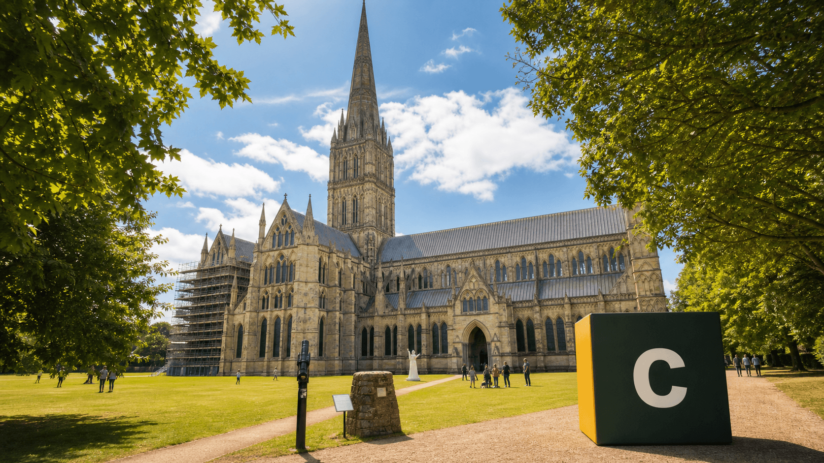 AI training in Salisbury by Coaley Peak AI training in Salisbury with a realistic Coaley Peak branded 3D cube at Salisbury Cathedral