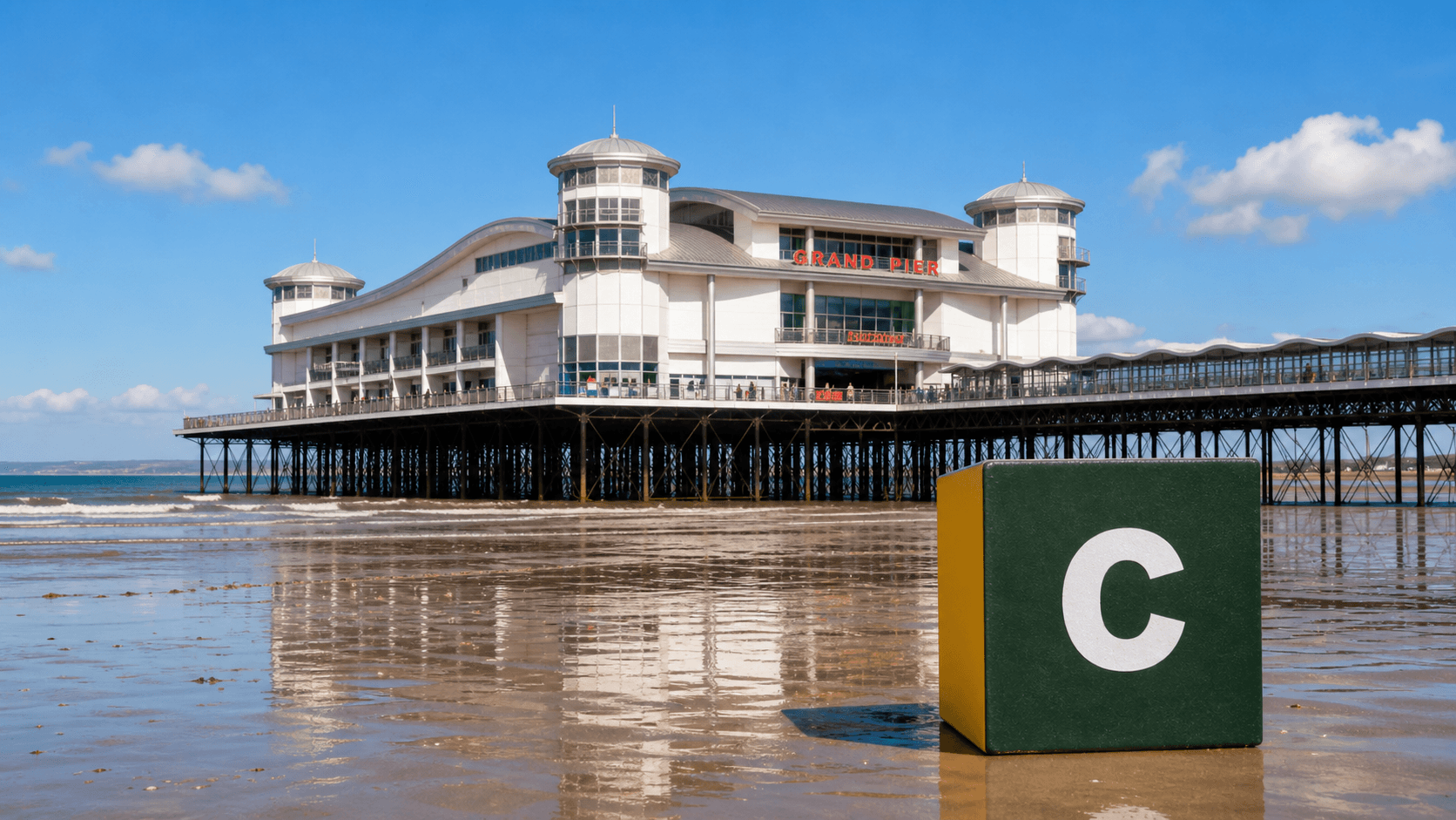 AI training in Weston-super-Mare by Coaley Peak AI training in Weston-super-Mare with a realistic Coaley Peak branded 3D cube at Weston-super-Mare Grand Pier