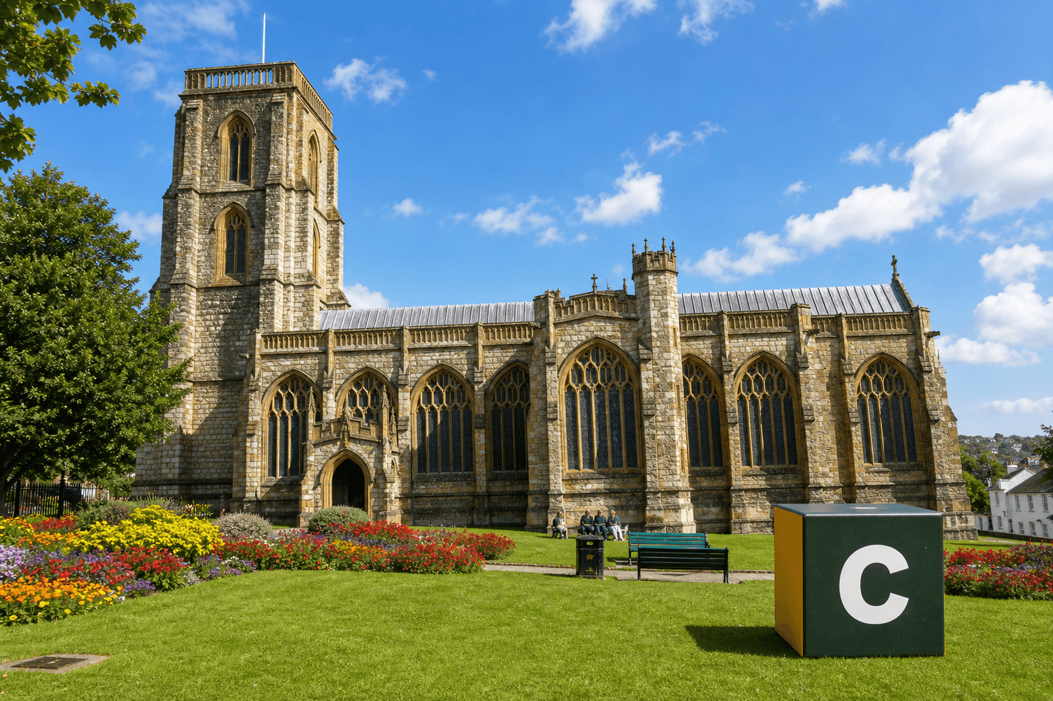 AI training in Yeovil by Coaley Peak AI training in Yeovil with a realistic Coaley Peak branded 3D cube at St John the Baptist Church